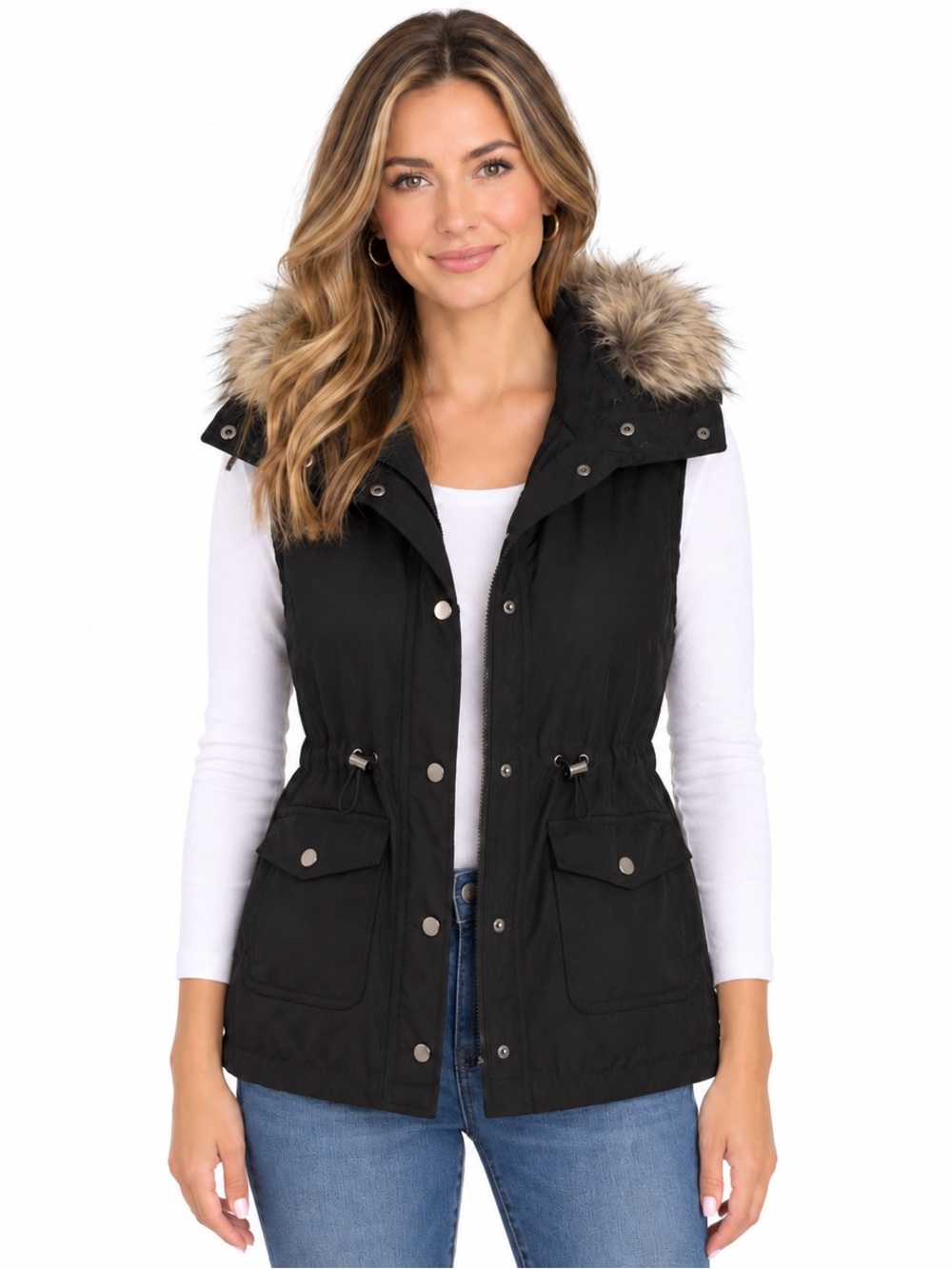 Kim Rogers Black Quilted Vest with Faux-Fur Trimmed Hood Size L